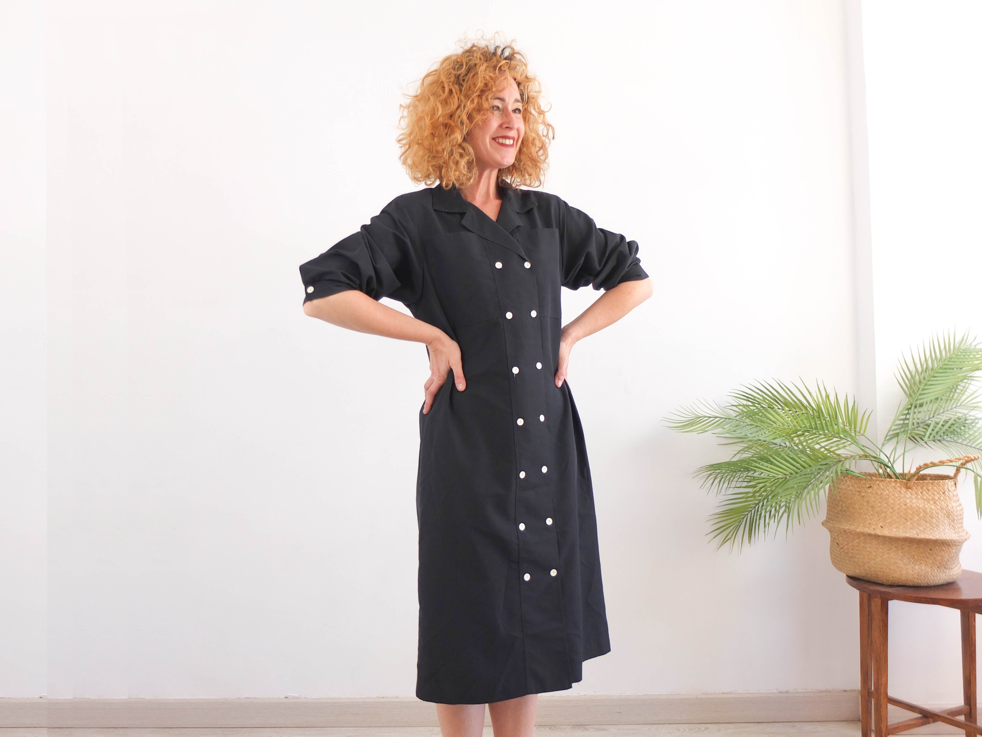 Vestido midi negro 80s vintage RebecaVintageShop