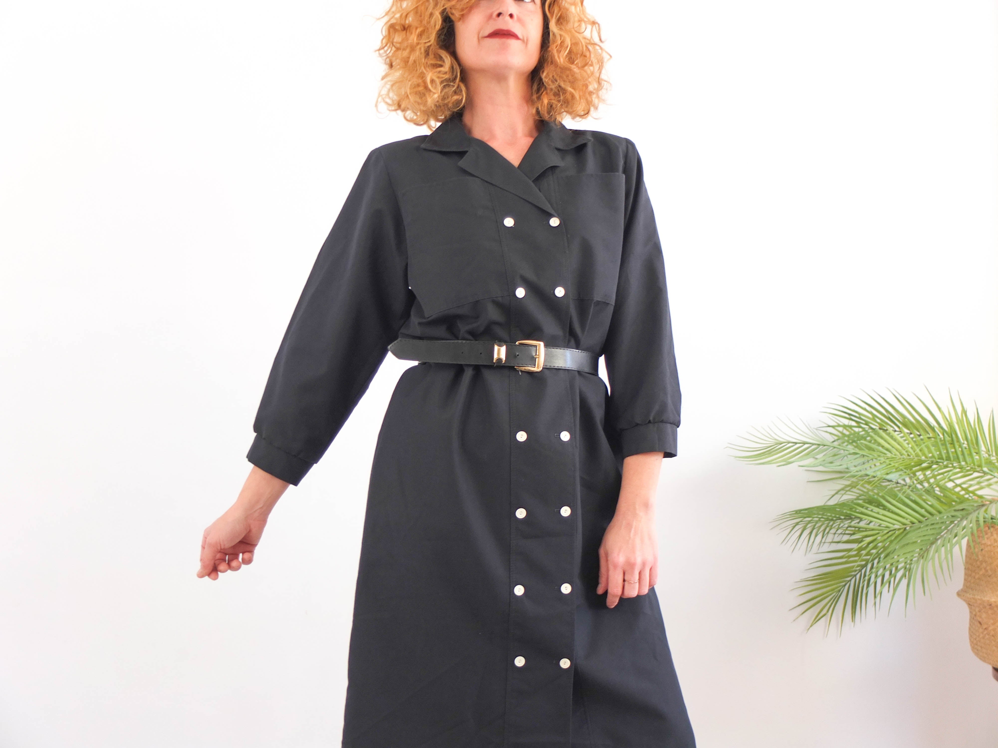Vestido midi negro 80s vintage RebecaVintageShop