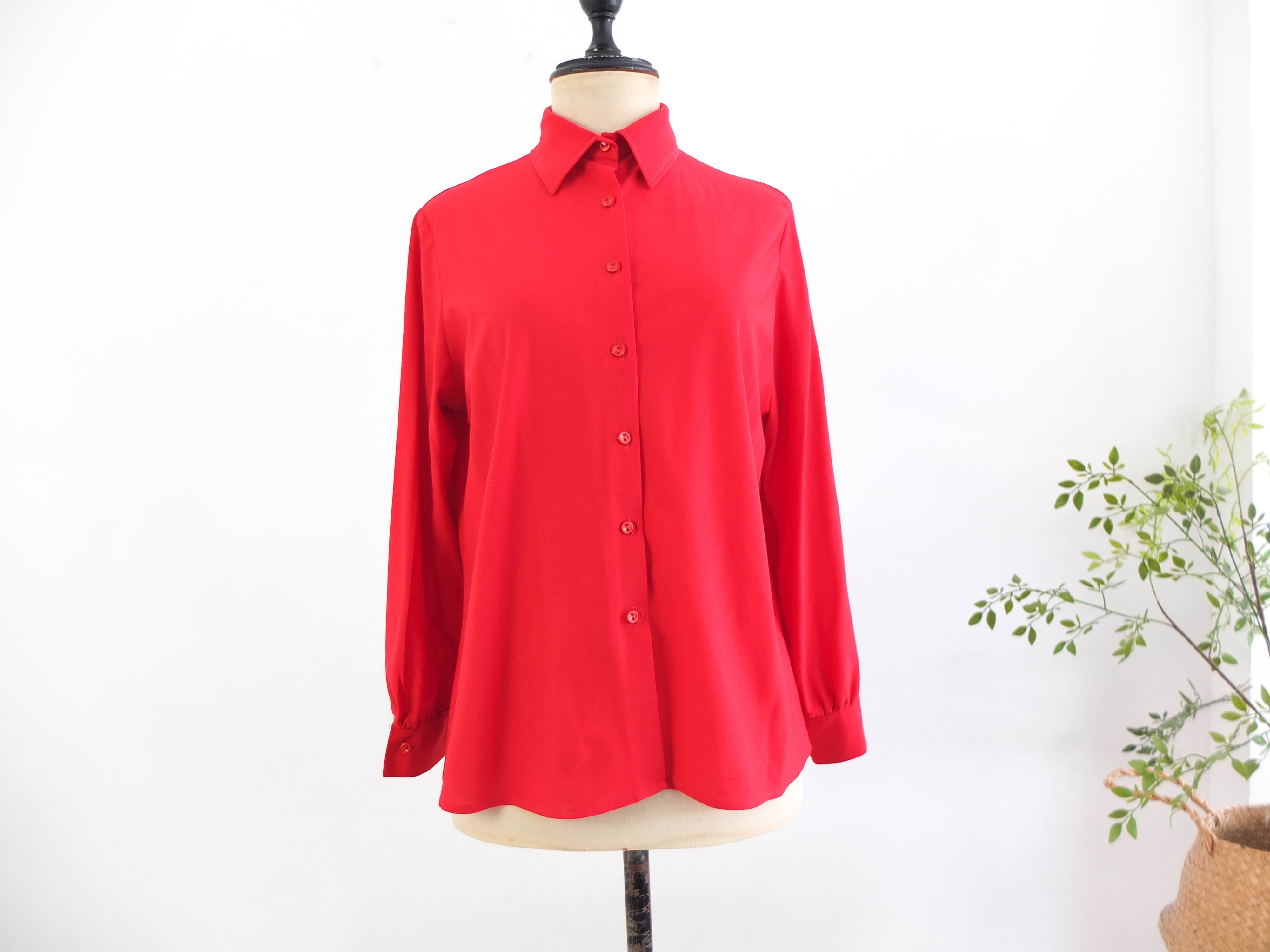 70s red button down shirt with long sleeve - Size M L RebecaVintageShop