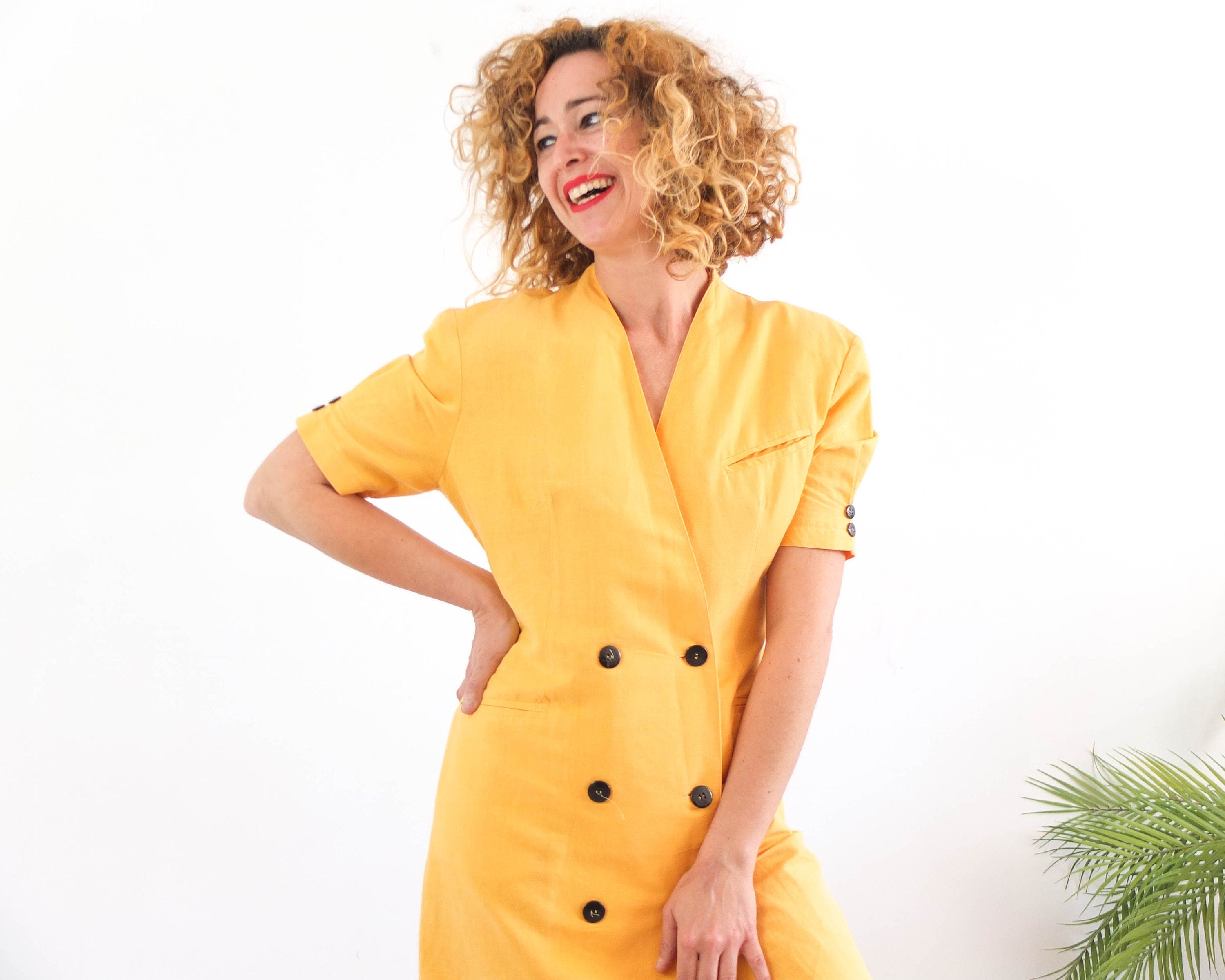 Vintage 90s yellow double breasted mini dress - Size L