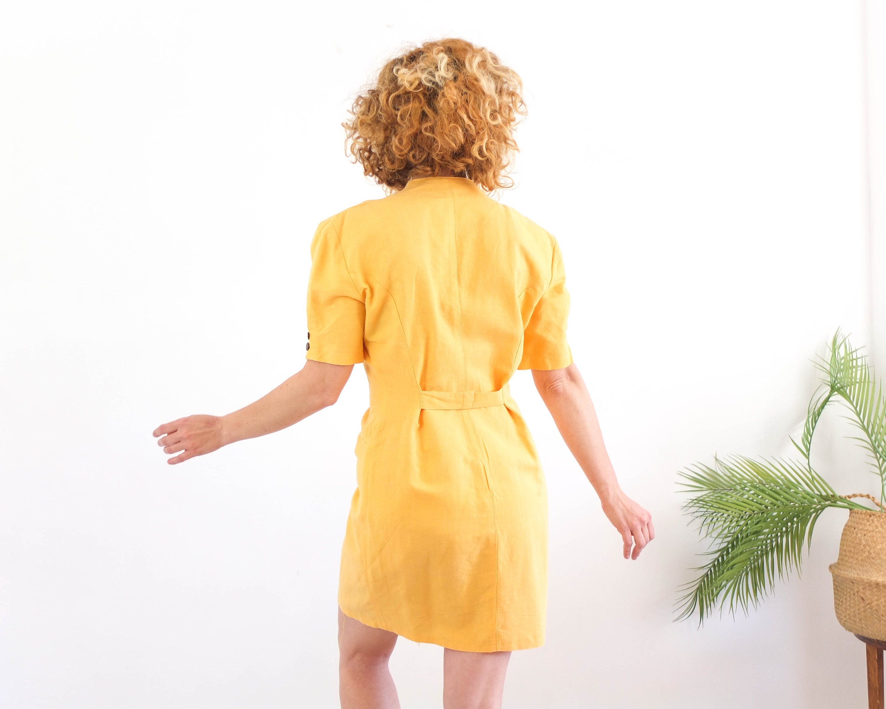Vintage 90s yellow double breasted mini dress - Size L
