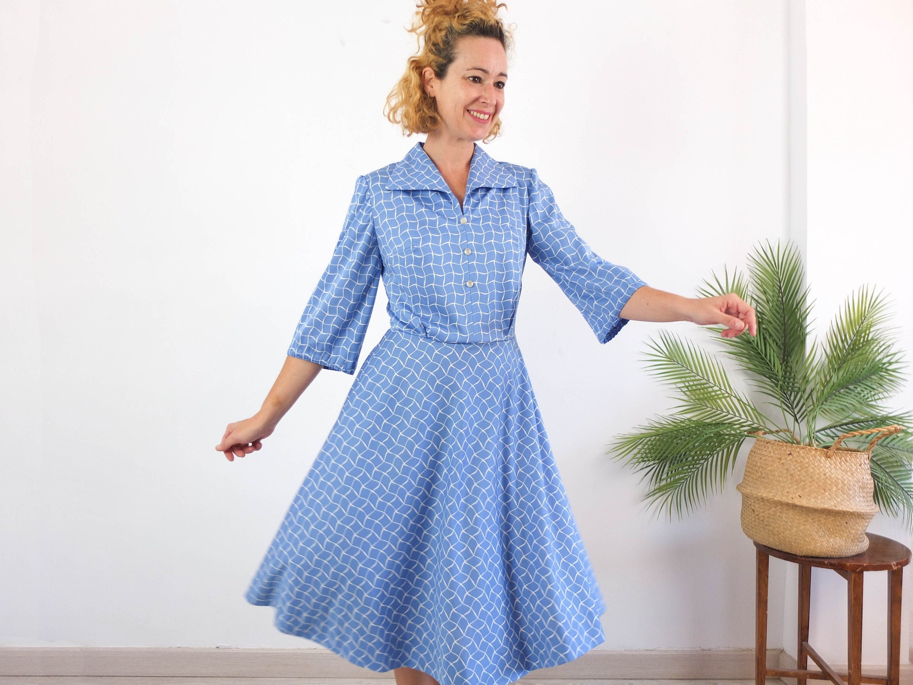 70s blue dress 1970s Silk Chiffon & Ribbon Shirtwaist Party Dress