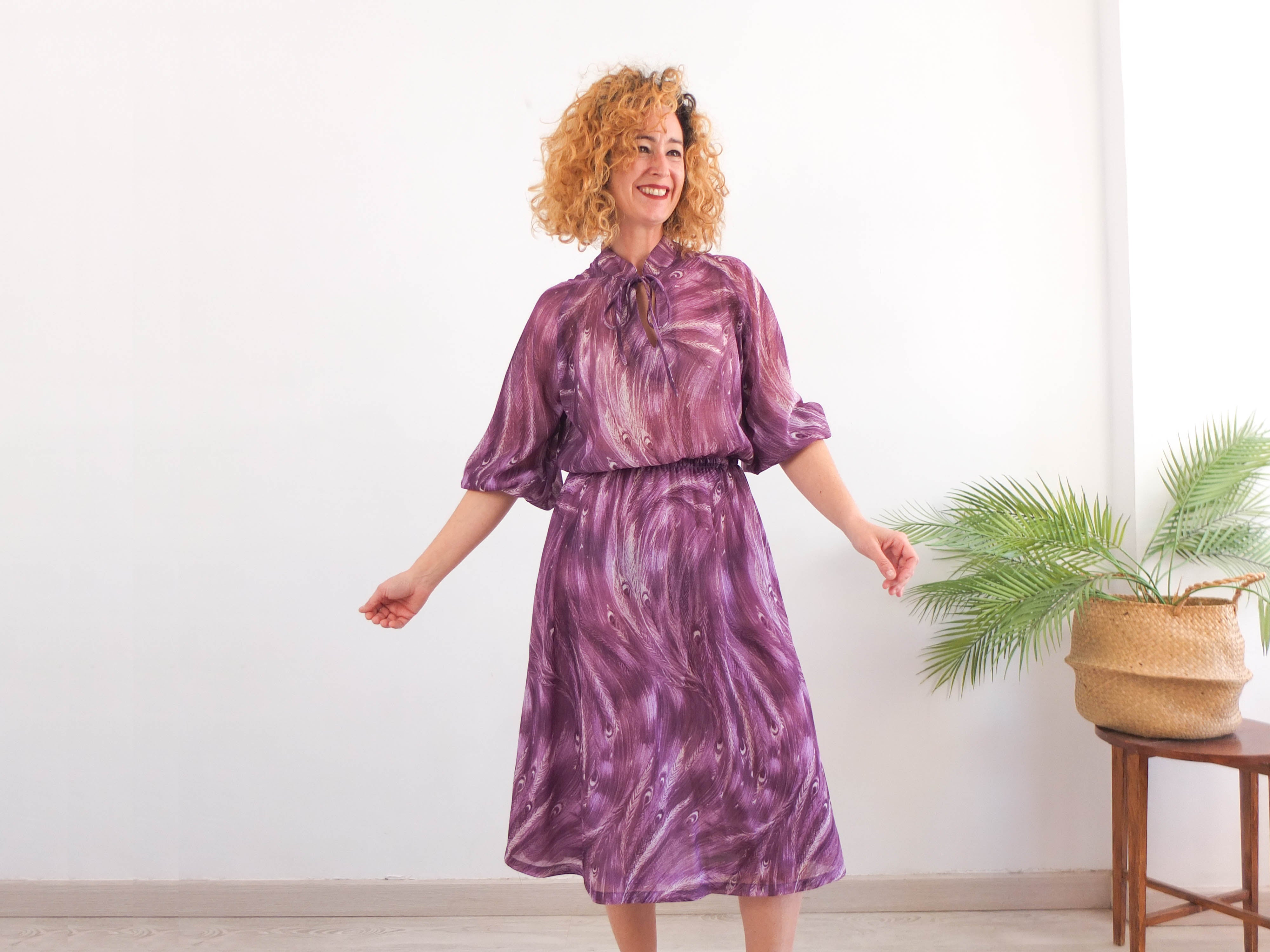 Vestido midi morado transparencias vintage 70s