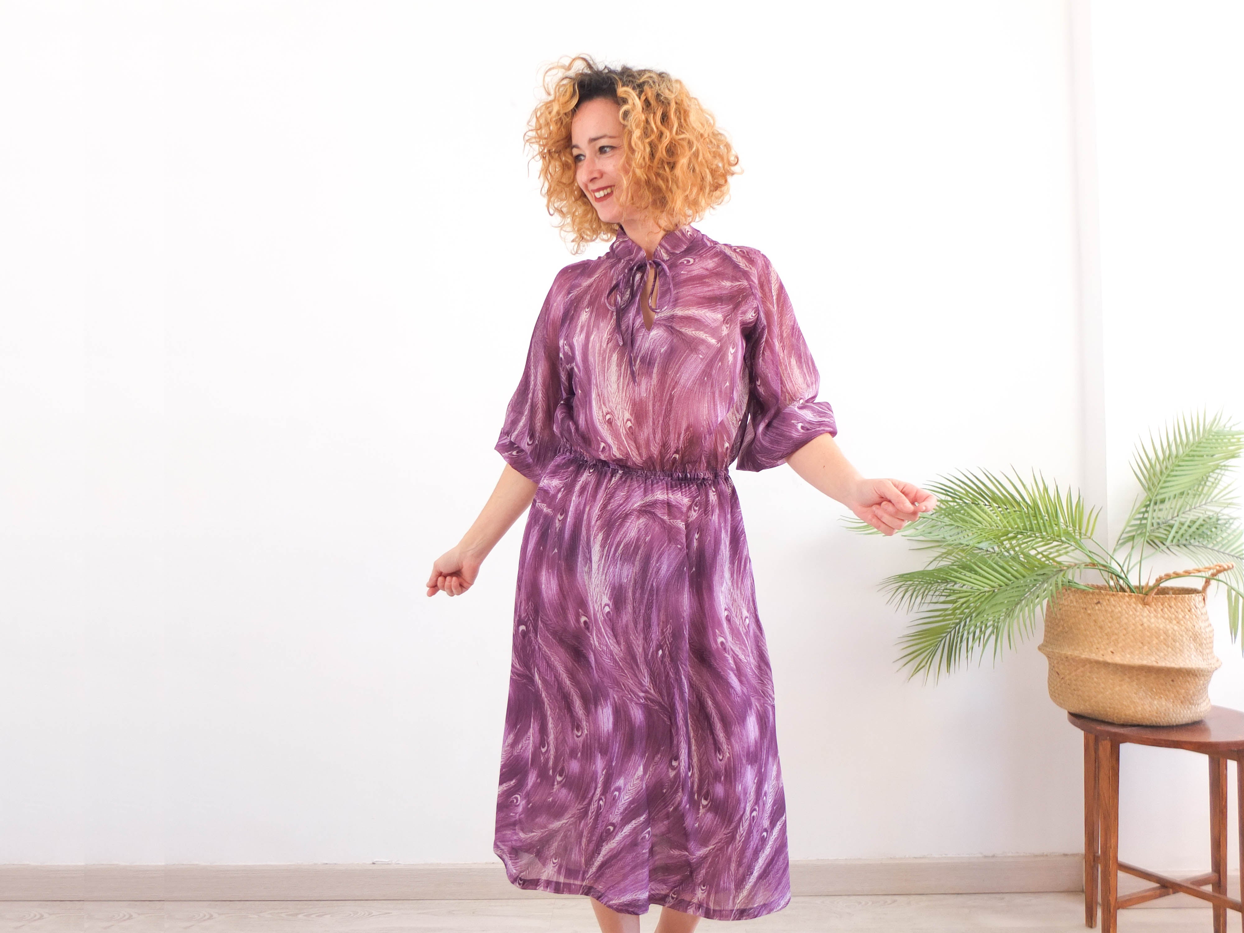 Vestido midi morado transparencias vintage 70s