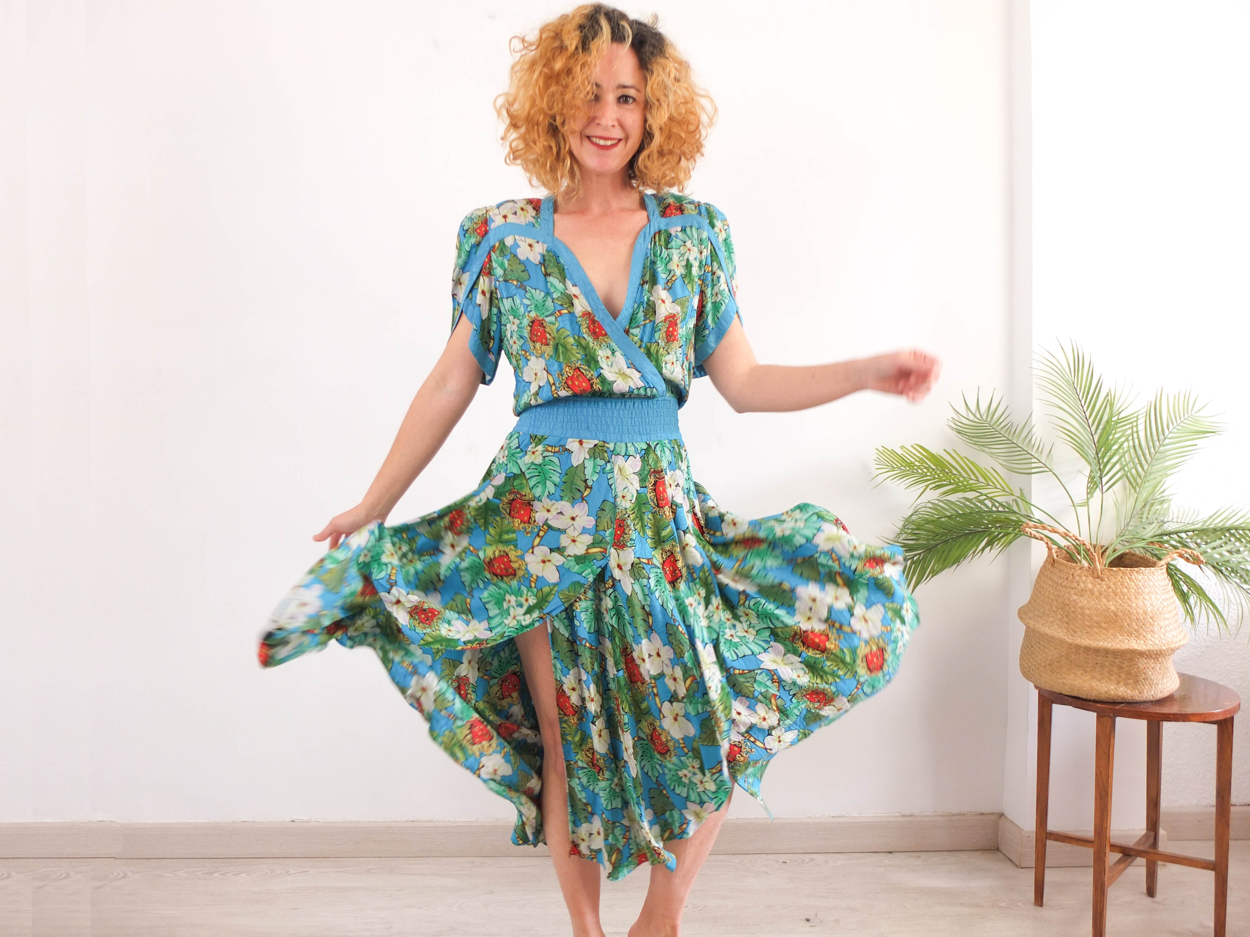 Vestido de seda con flores 80s vintage - L/XL RebecaVintageShop