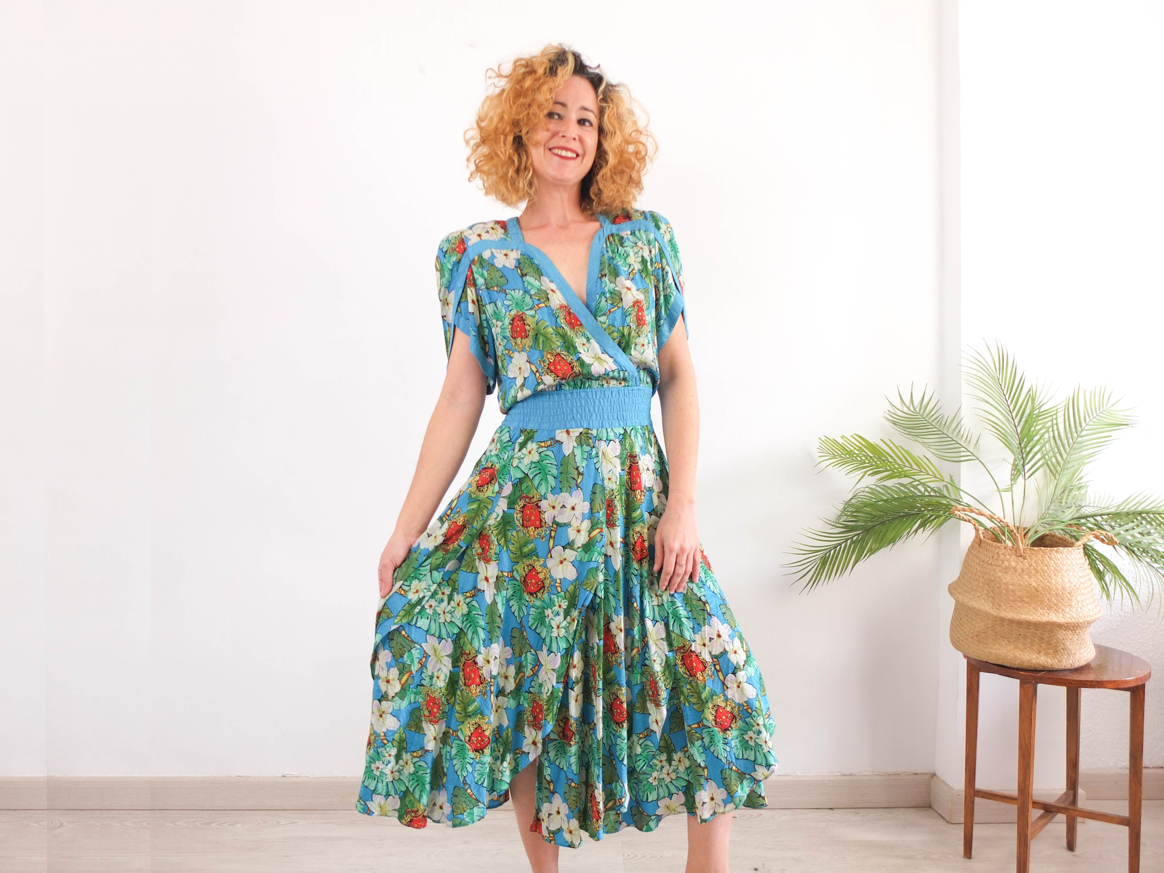 Vestido de seda con flores 80s vintage - L/XL