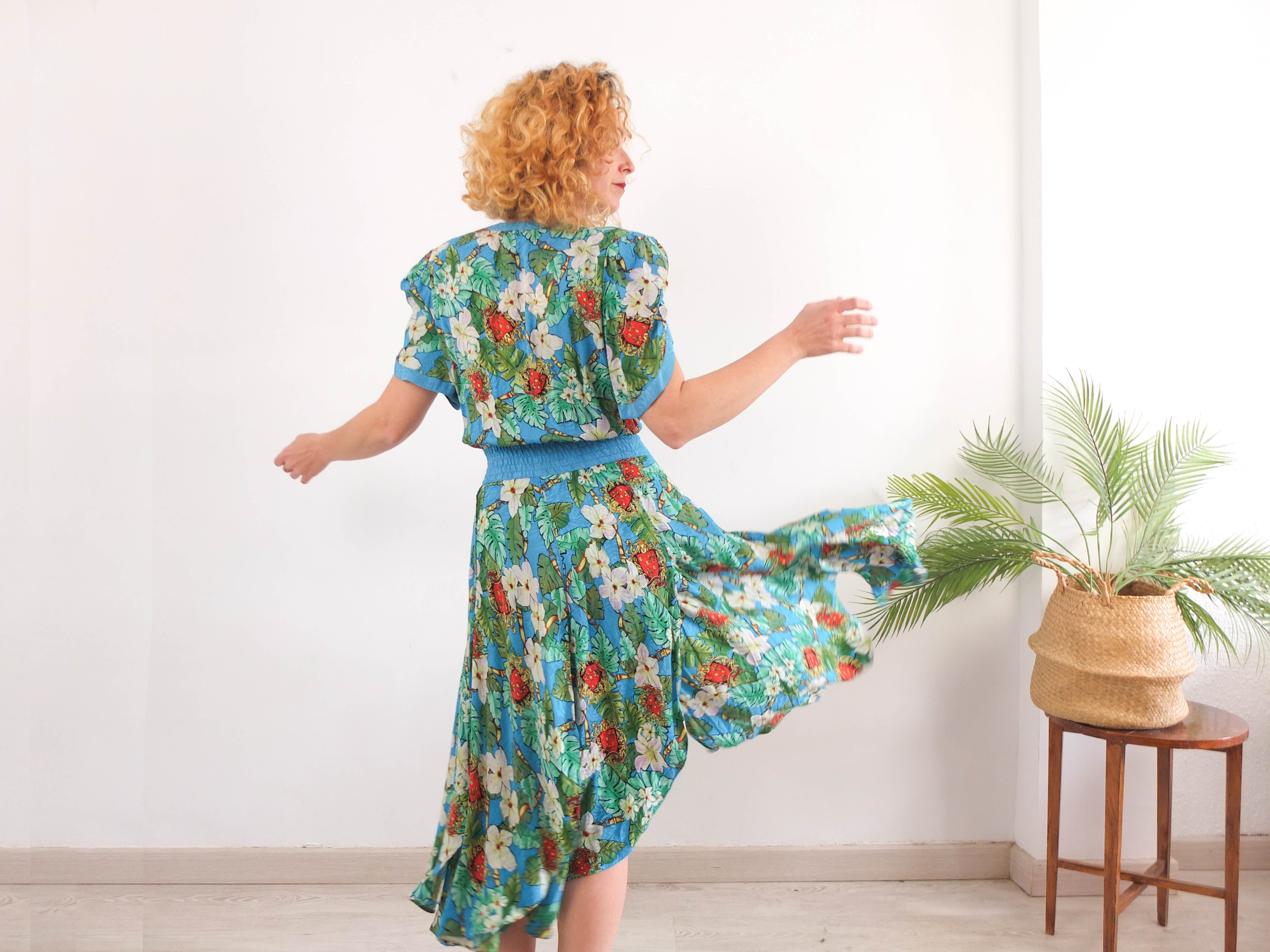 Vestido de seda con flores 80s vintage - L/XL