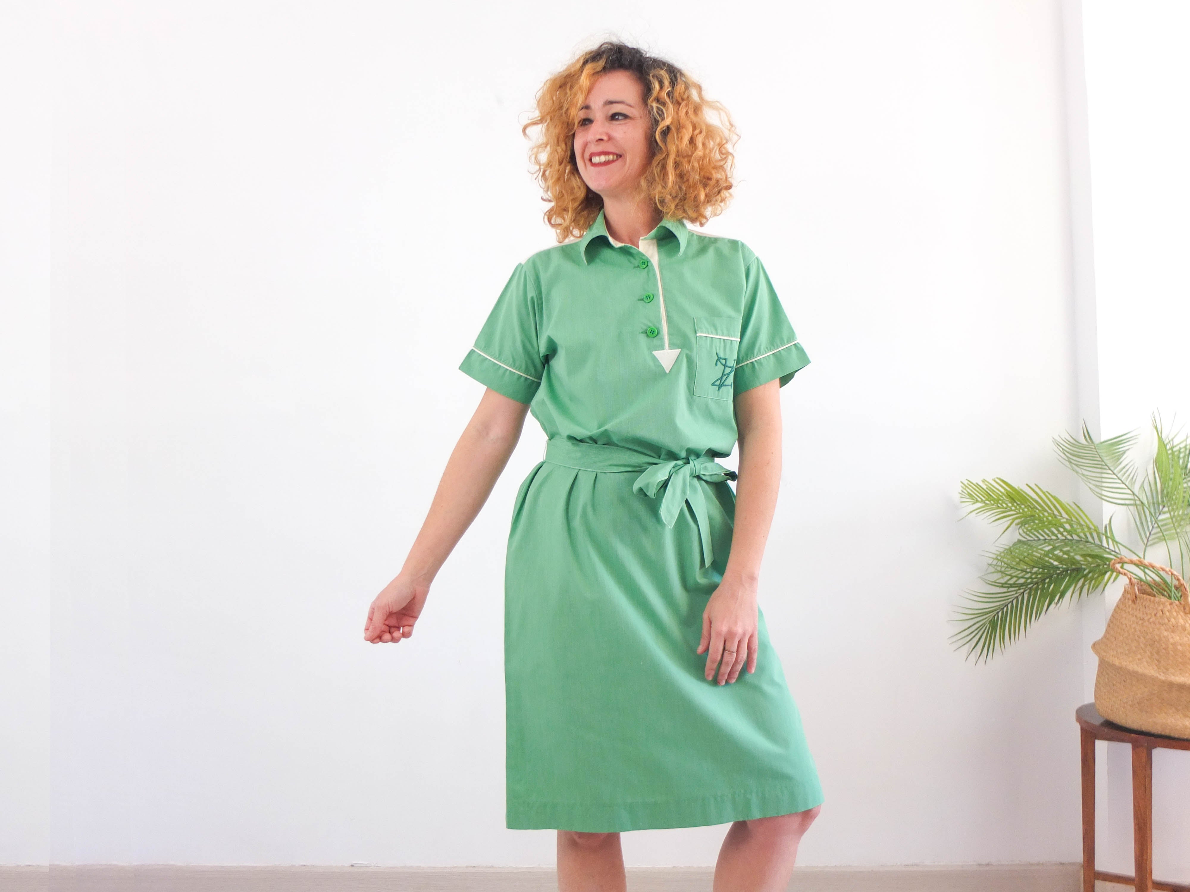 Vintage 80s green cotton shirtdress - Size M/L