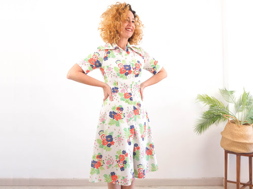Vintage 70s white floral shirtdress - Size M