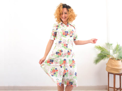 Vintage 70s white floral shirtdress - Size M