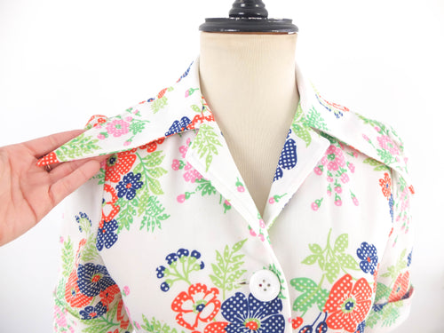 Vintage 70s white floral shirtdress - Size M