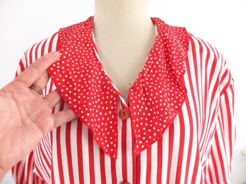 Vintage 80s red striped sailor collared blouse - Size M/L
