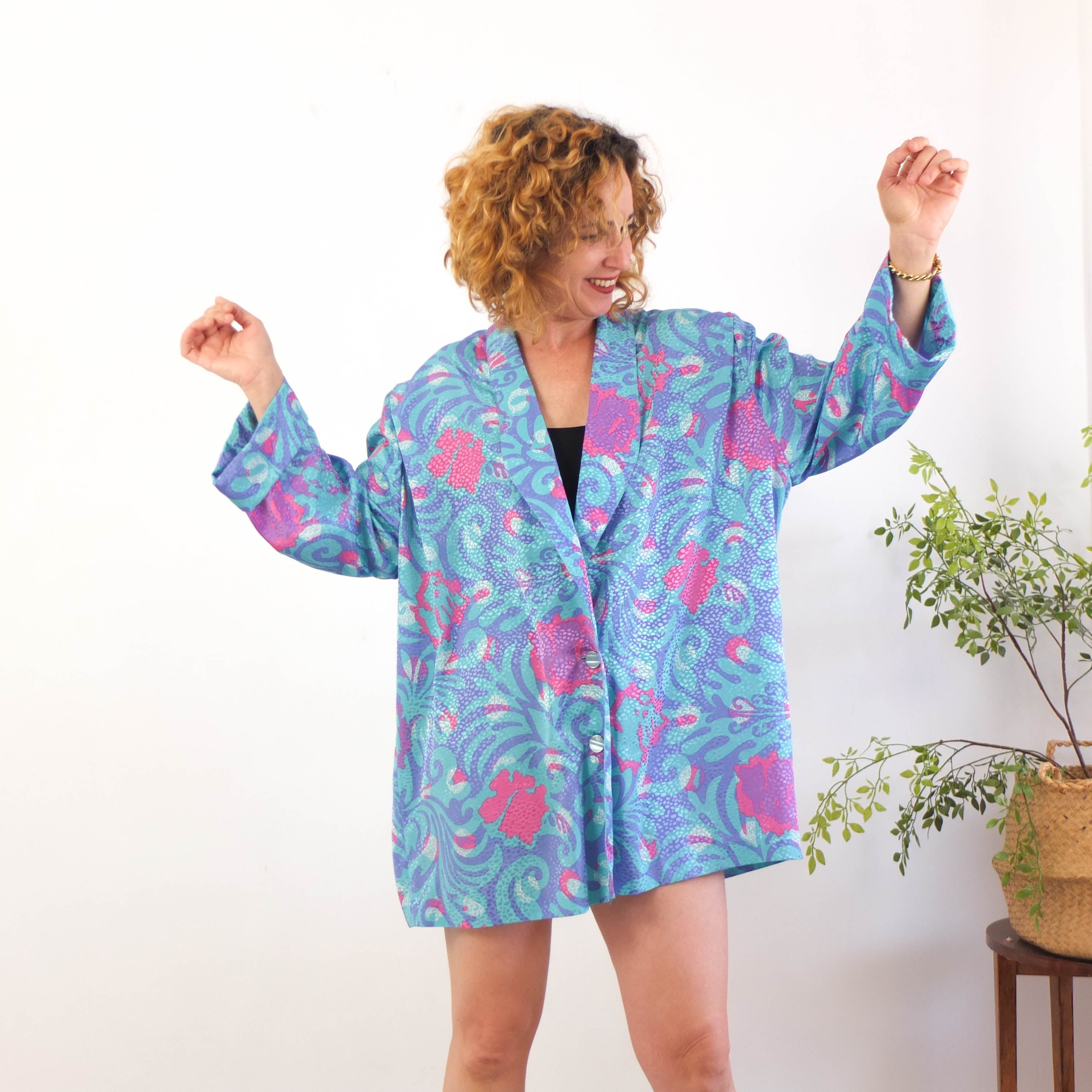 Oversize-Blazer mit abstraktem Print im 80er-Jahre-Stil – Größe L/XL