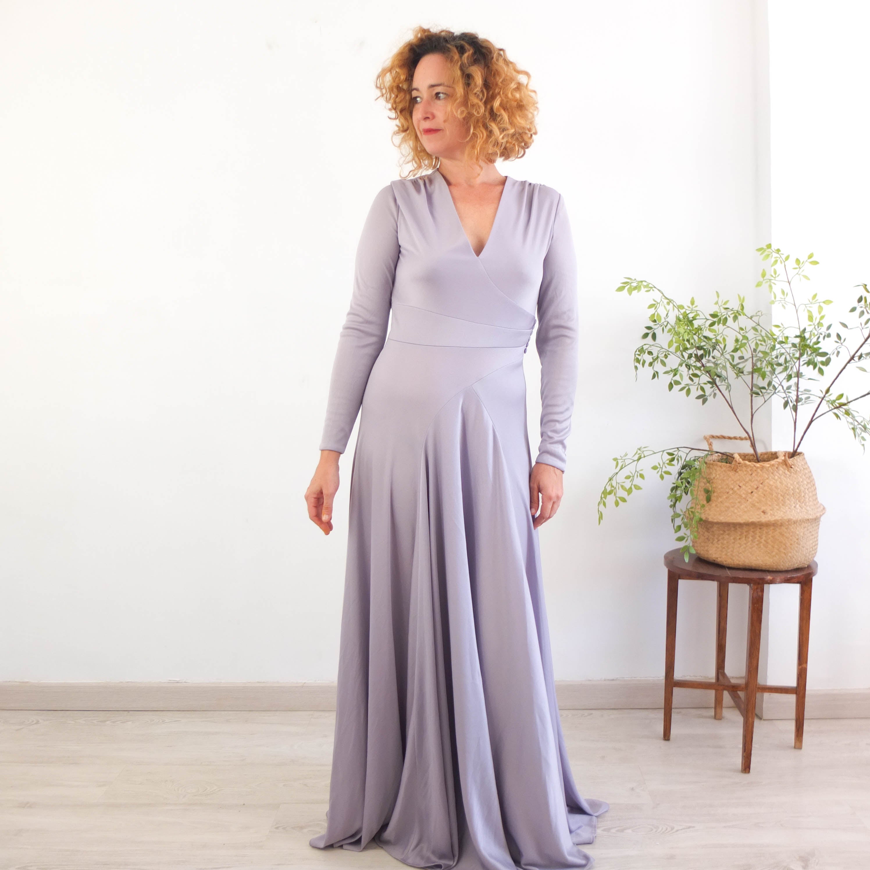 Vintage 70s gray maxi evening dress with long sleeve - Size M