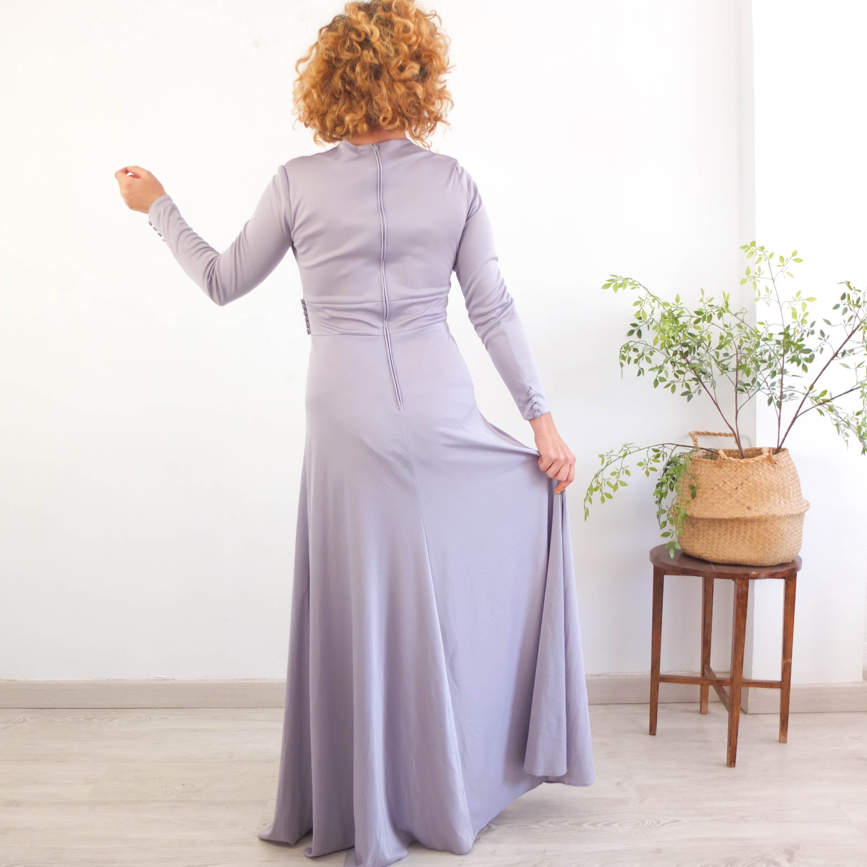 Vintage 70s gray maxi evening dress with long sleeve - Size M