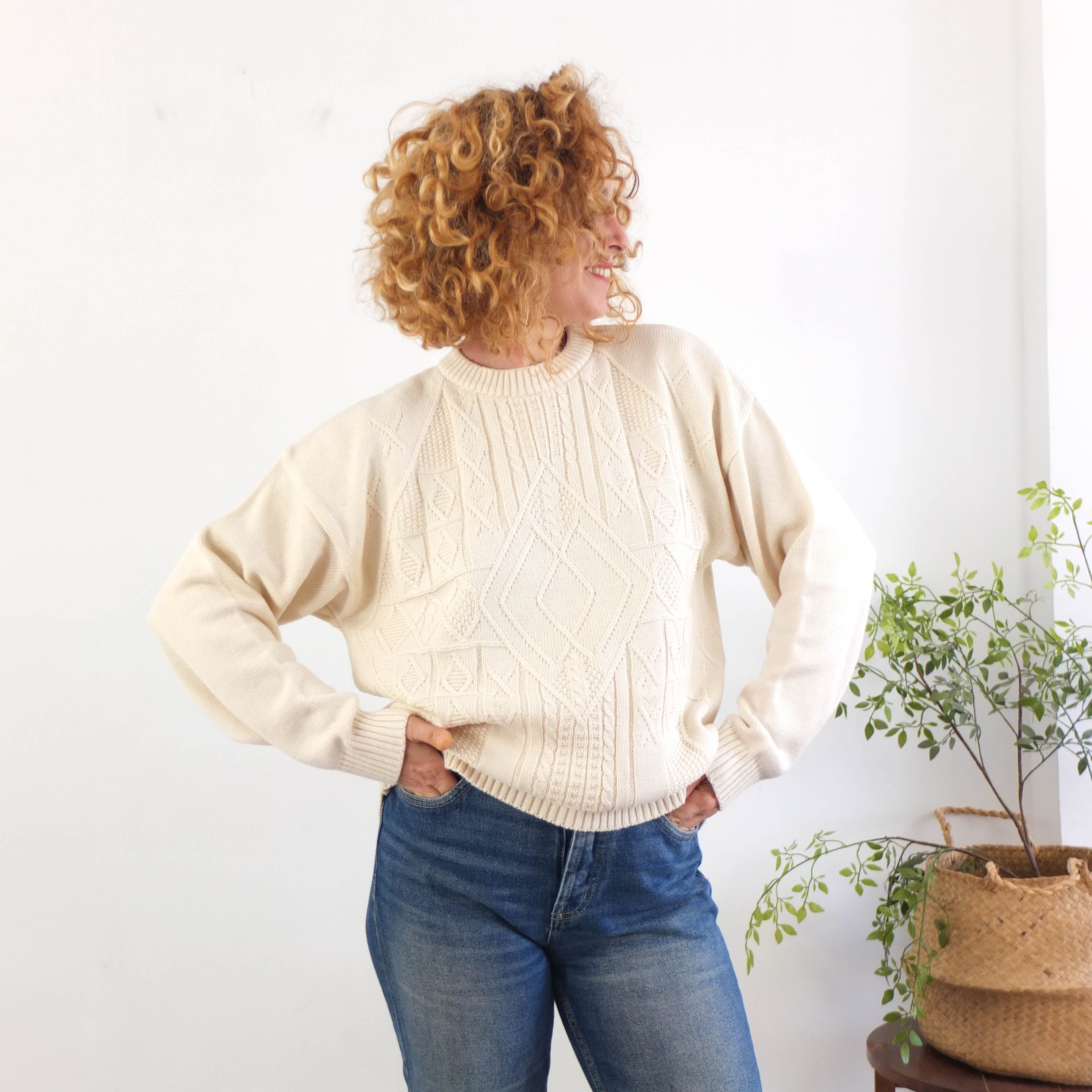 Vintage 90s white cotton sweater unisex - Size M/L