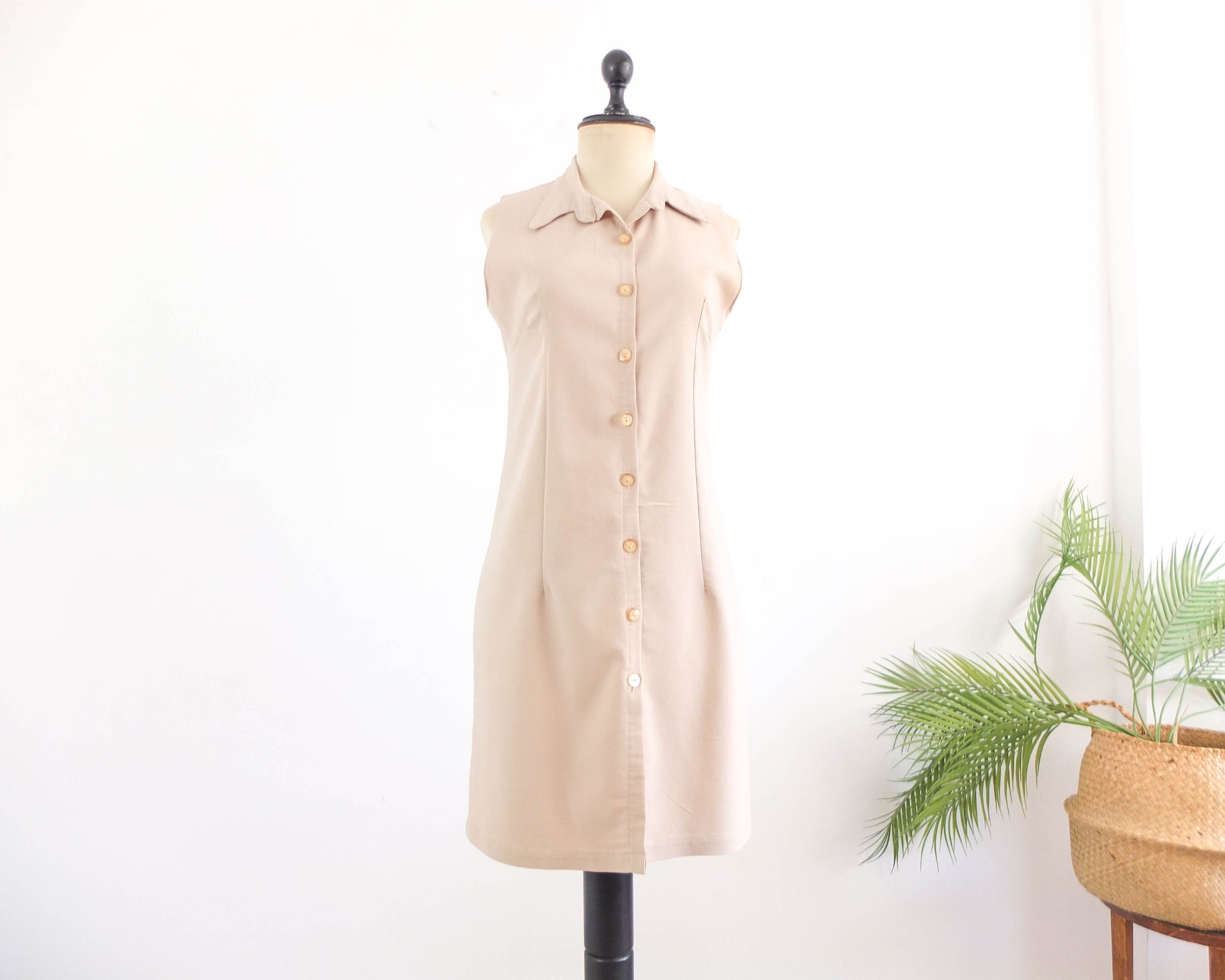90s button down dress Vintage beige sleeveless up a cinched waist and Color:Skin Edge Silk '90s Style Maxi Inexpensive Short Prom Dresses Under 100
