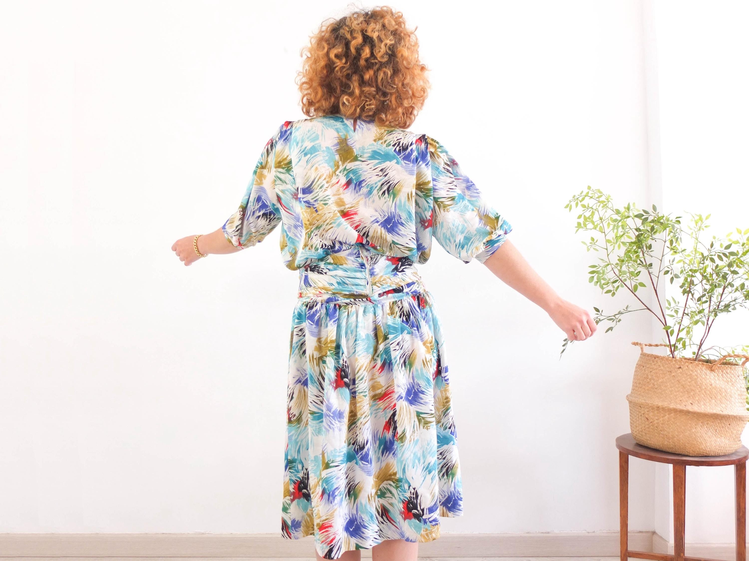 Vintage 1980s Avant Garde colorful dress, 80s retro party cocktail dress, New Wave ruched pleated dress, 80s loose fit blouson dress, M - L