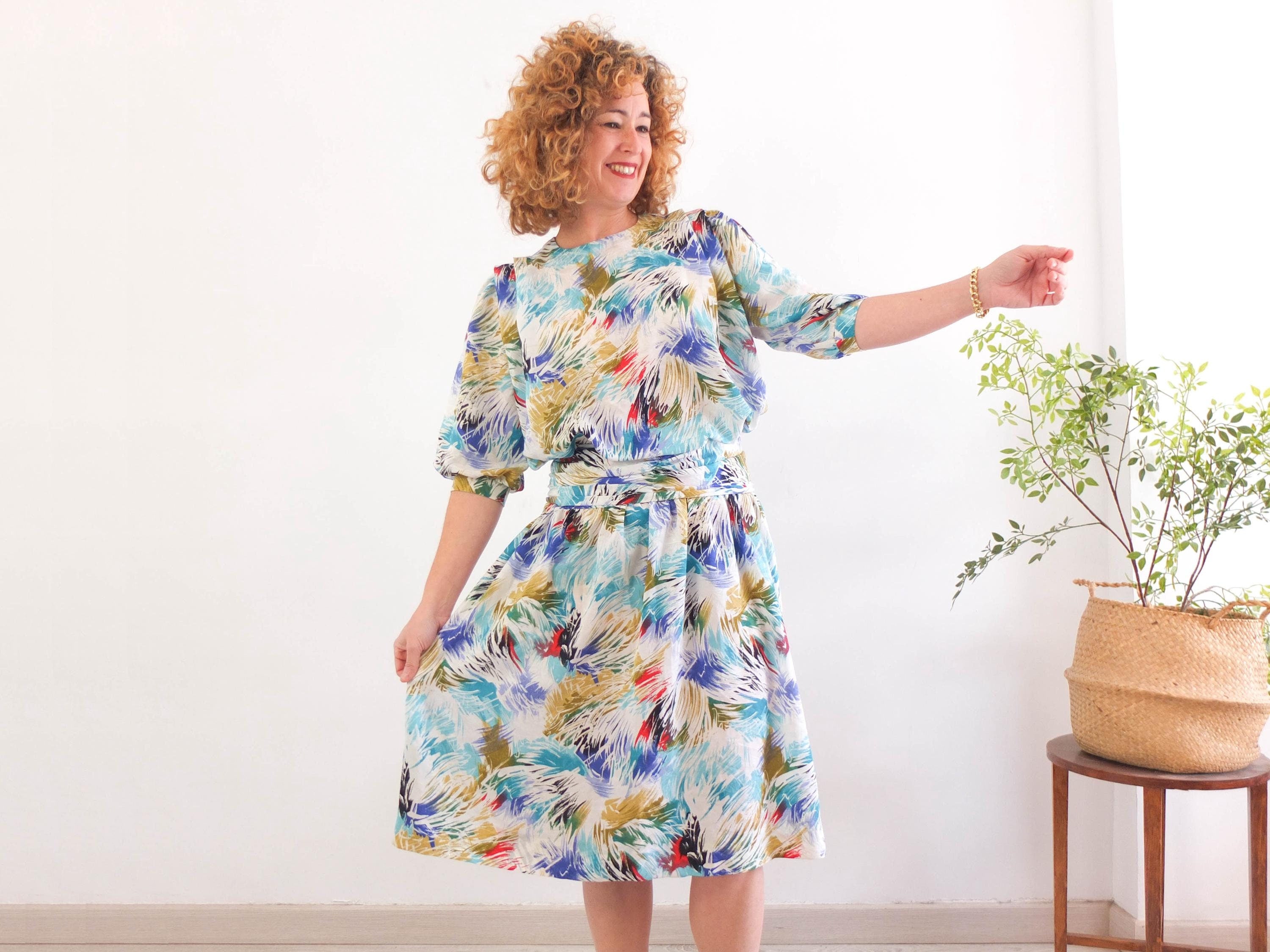 Vintage 1980s Avant Garde colorful dress, 80s retro party cocktail dress, New Wave ruched pleated dress, 80s loose fit blouson dress, M - L
