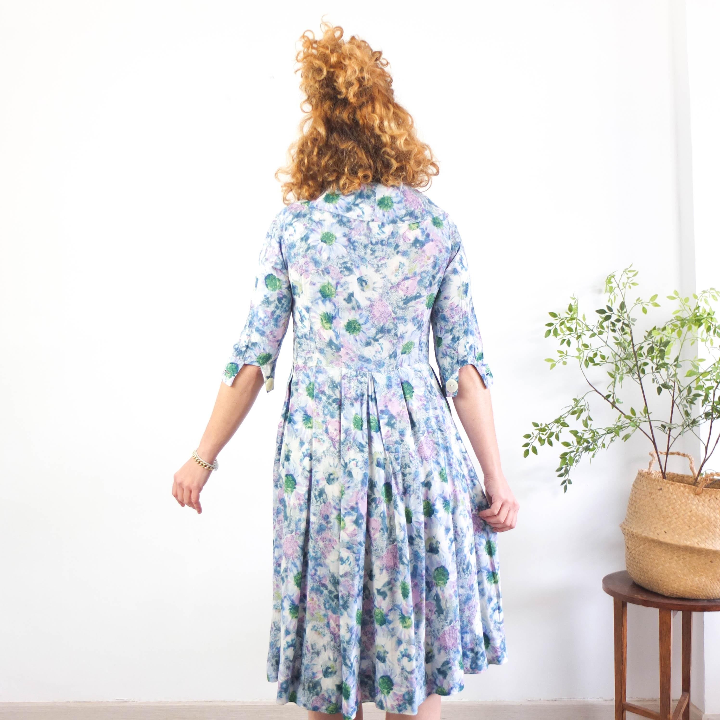 Vintage 40s 50s floral fit and flare dress, 1950s Rayon floral pleated dress, 50s button up collared dress blue floral watercolor pattern, M