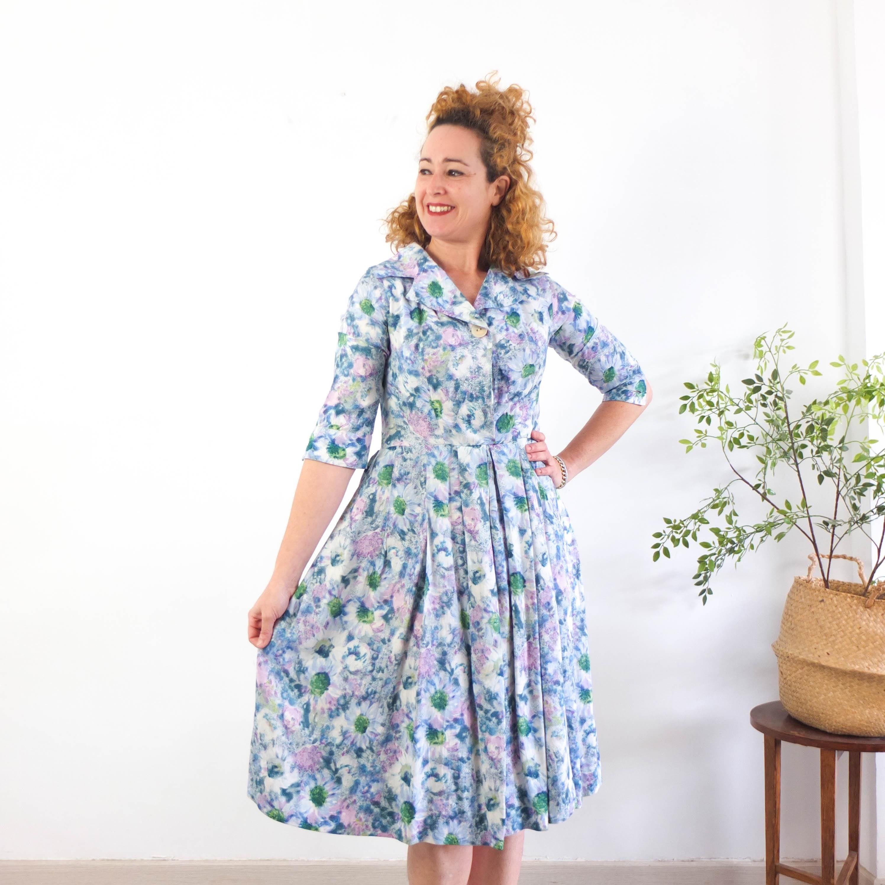 Vintage 40s 50s floral fit and flare dress, 1950s Rayon floral pleated dress, 50s button up collared dress blue floral watercolor pattern, M