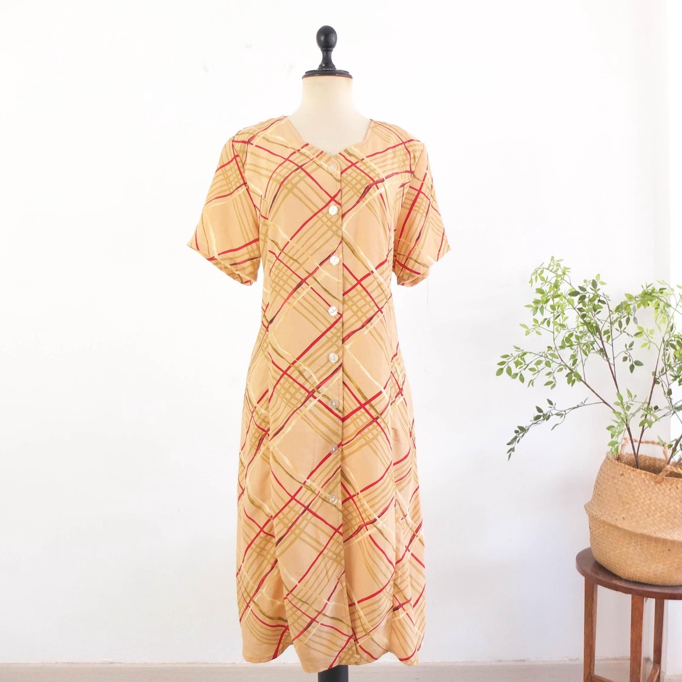 Vintage 1990s brown print maxi dress, 90s grunge button down dress, 90s abstract long day dress with short sleeve, 90s market dress size L