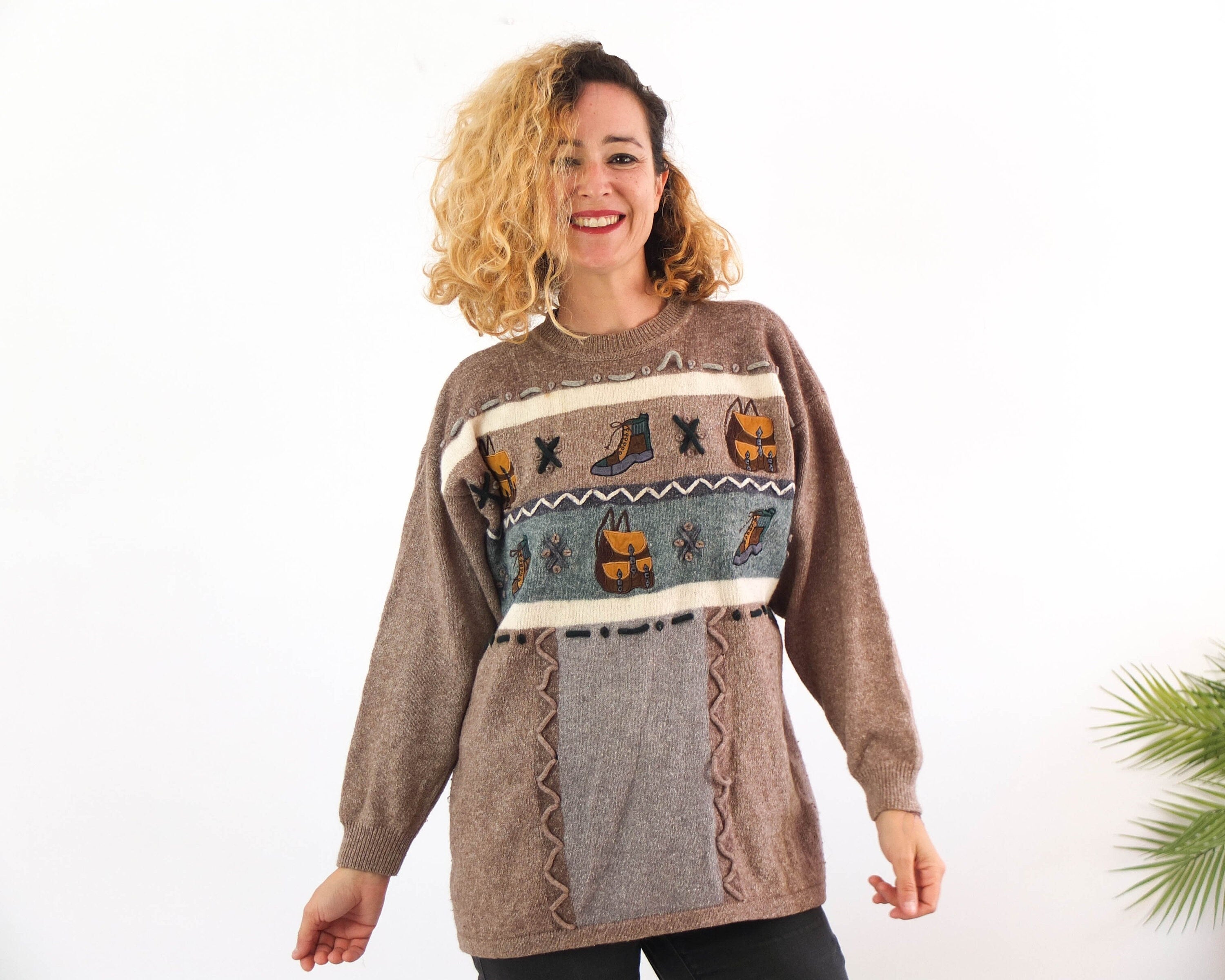 Vintage-Neuheitspullover von Betty Barclay, 90er-Jahre bestickter kitschiger Pullover, 90er-Neuheit-Alpin-Wanderpullover, 90er-Folk-Pullover, Größe S - M