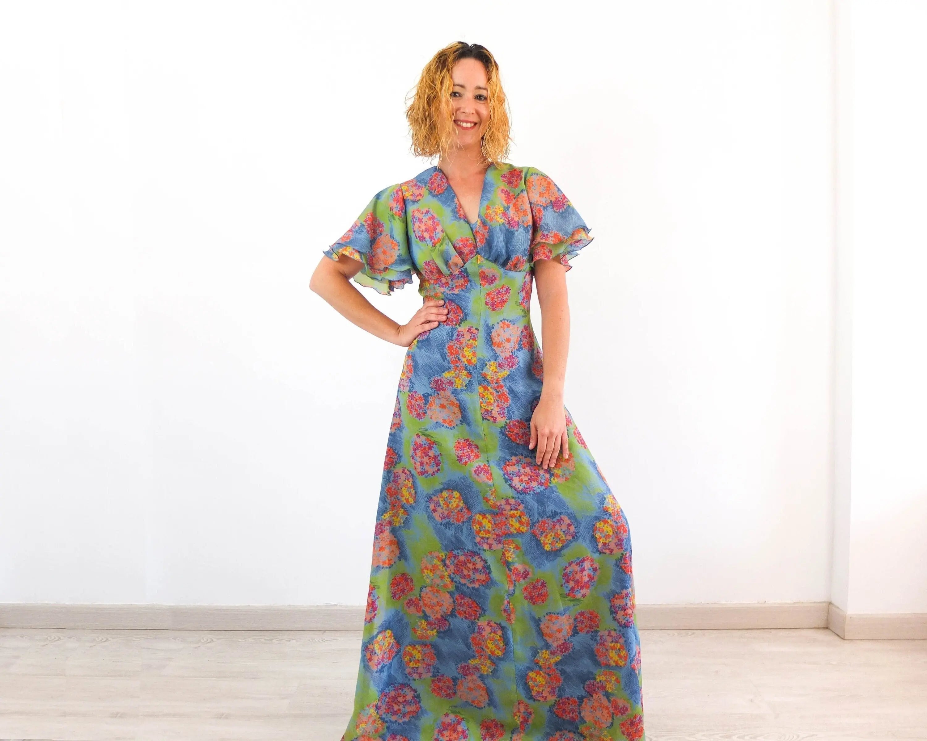 Maxi vestido largo de flores boho vintage 70s