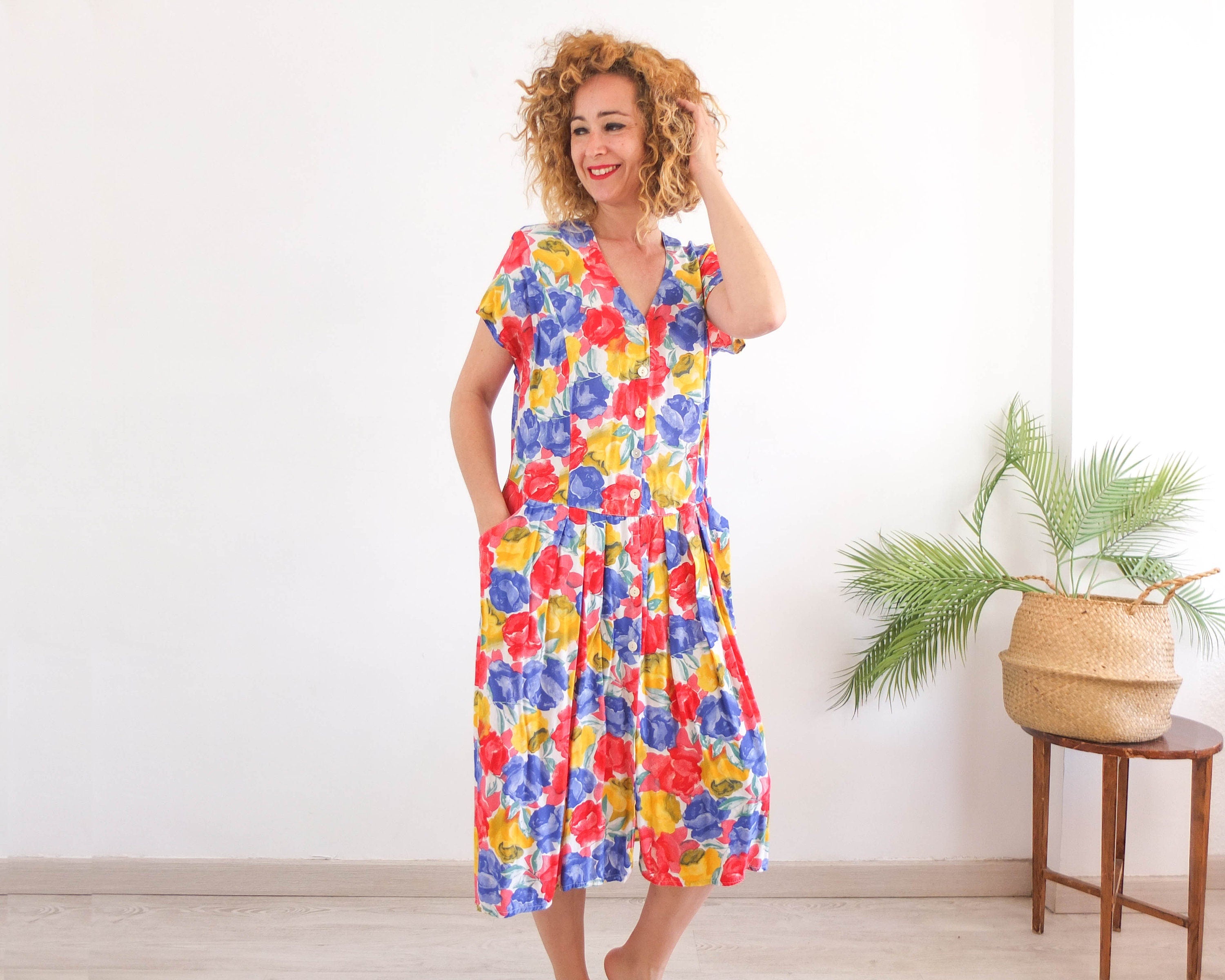 Vestido de botones vintage 80s con estampado de flores