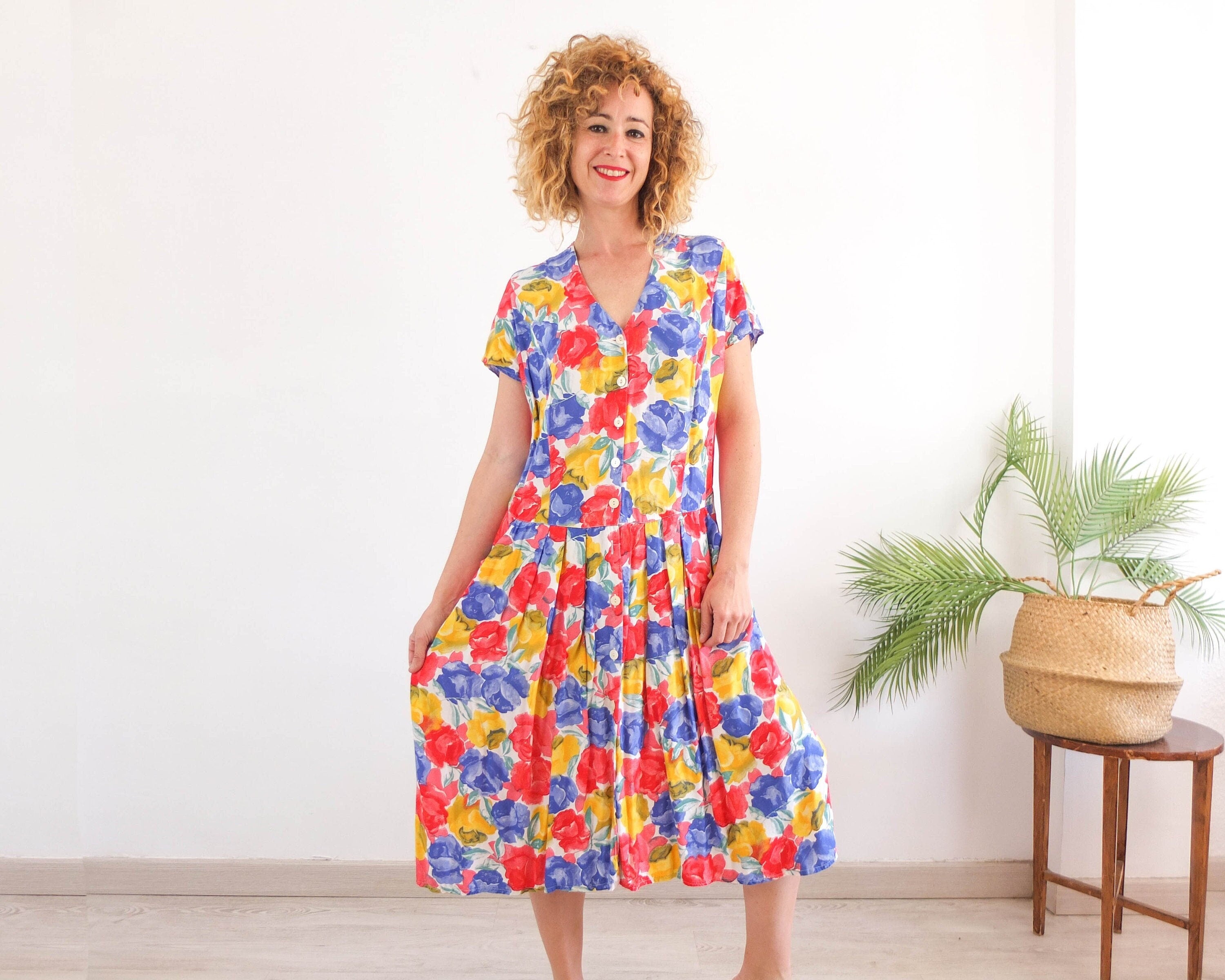 Vestido de botones vintage 80s con estampado de flores