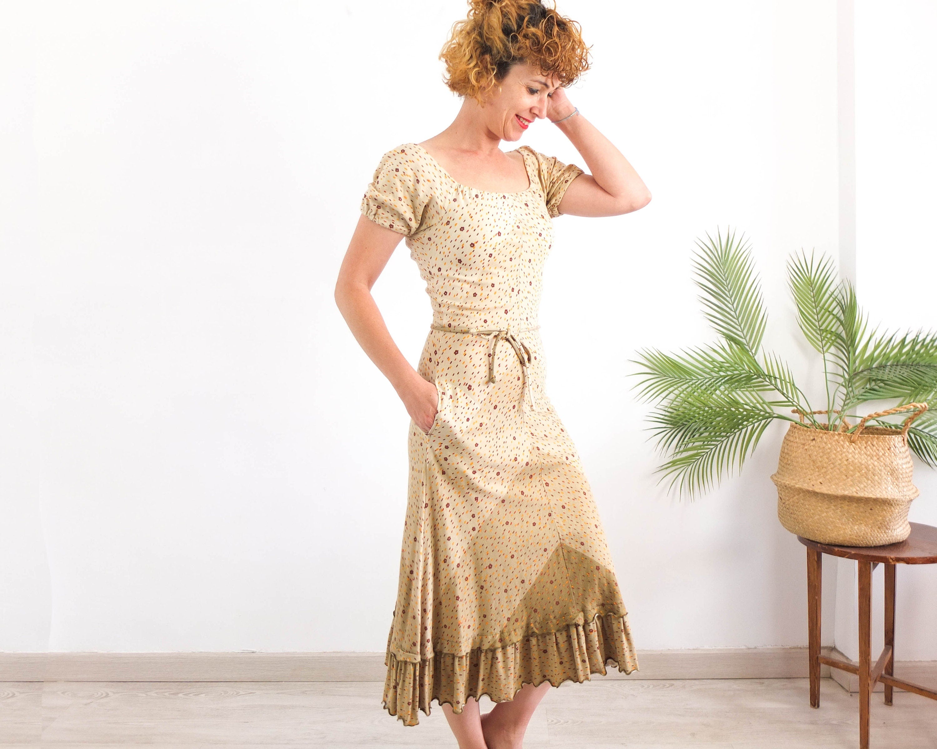 70s Prairie peasant off the shoulder dress