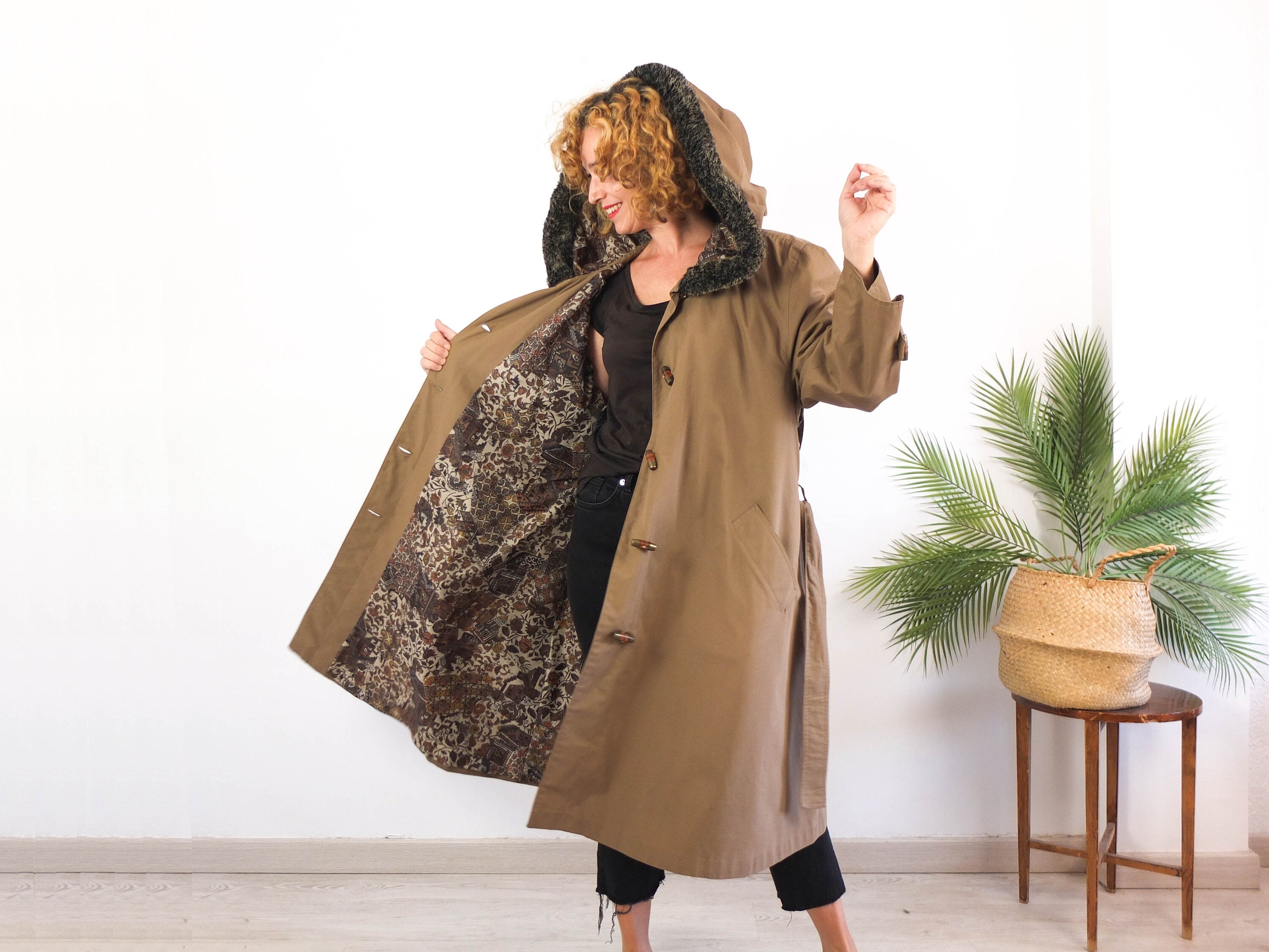 Trench marron vintage de los 80s con capucha RebecaVintageShop