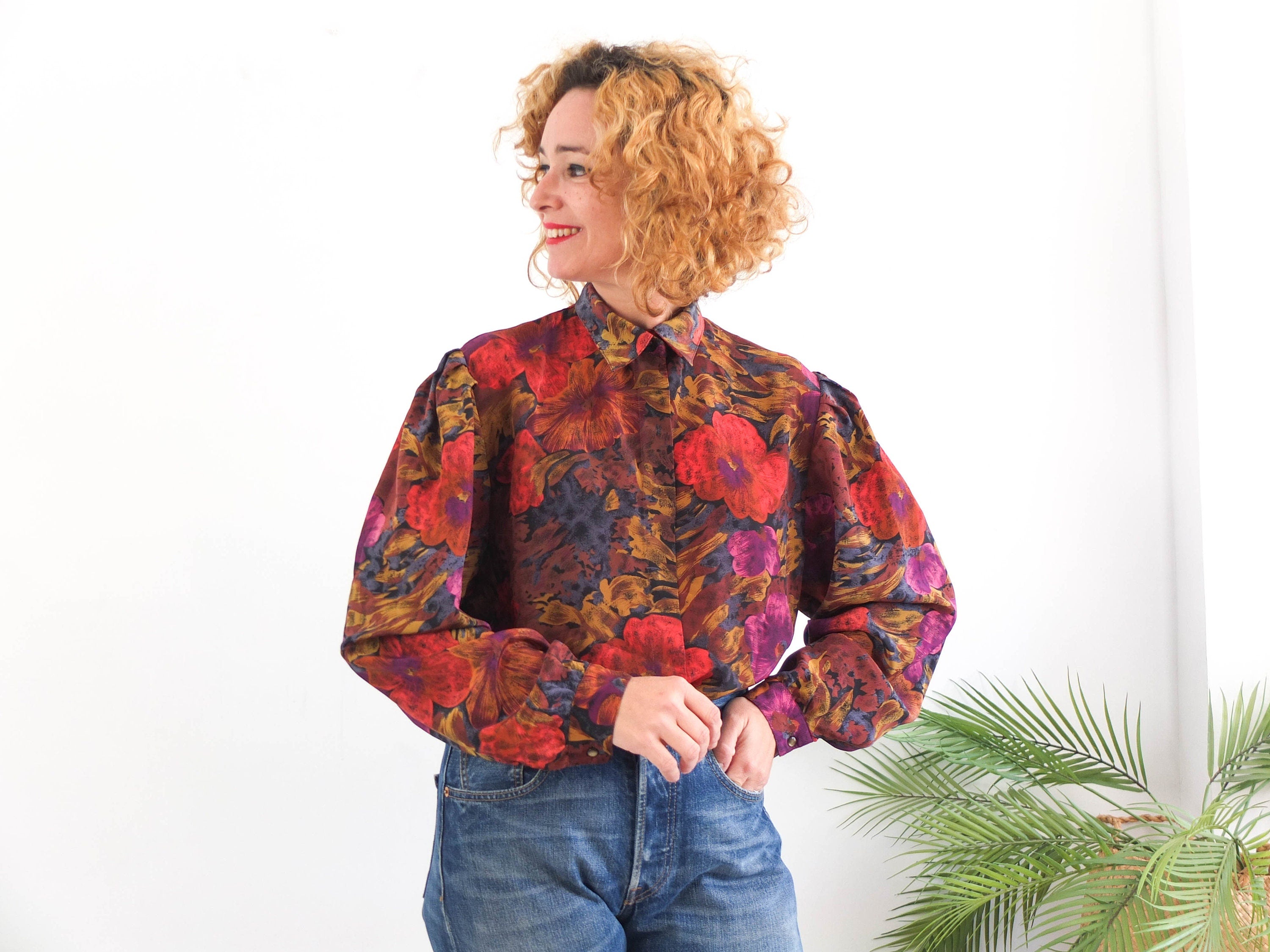 Blusa de flores con manga abullonada vintage 80s RebecaVintageShop
