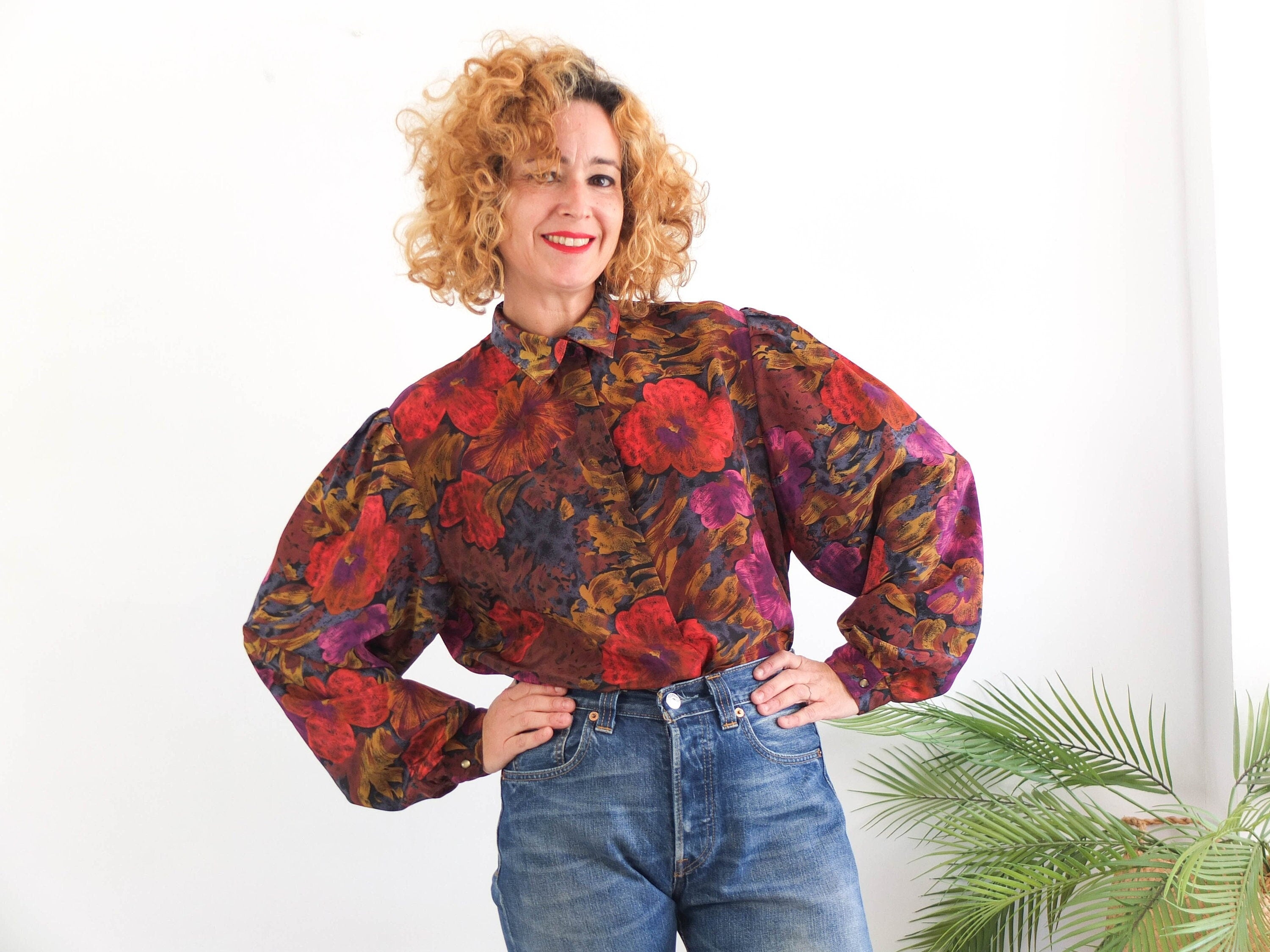 Blusa de flores con manga abullonada vintage 80s